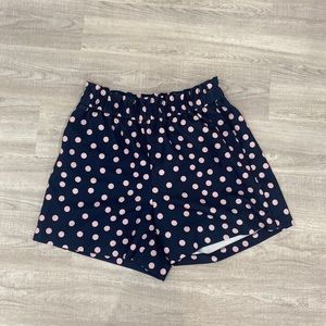 Eloquii Size 14 High-Waisted Paper Bag shorts in navy with baby pink polka dots